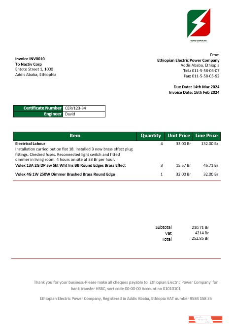 Ethiopia Ethiopian Electric Power Company electricity business utility bill template in Word and PDF formats1